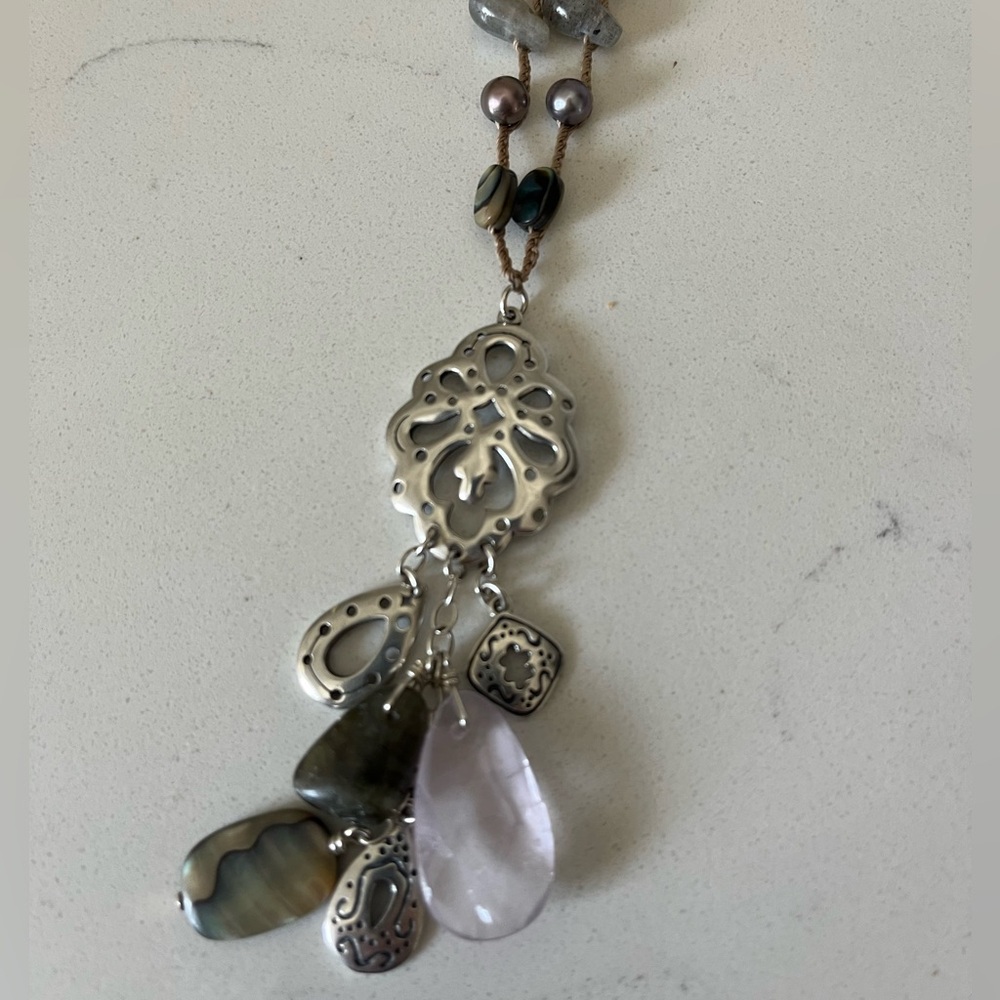 Silpada Sterling Silver,Frosted Amethyst,Feldspar,Pearl & Shell Necklace 32”